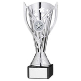 SILVER PLASTIC 'FLASH' CUP ON BLACK MARBLE ASSEMBLED TROPHY (1" CEN) - 7.25in